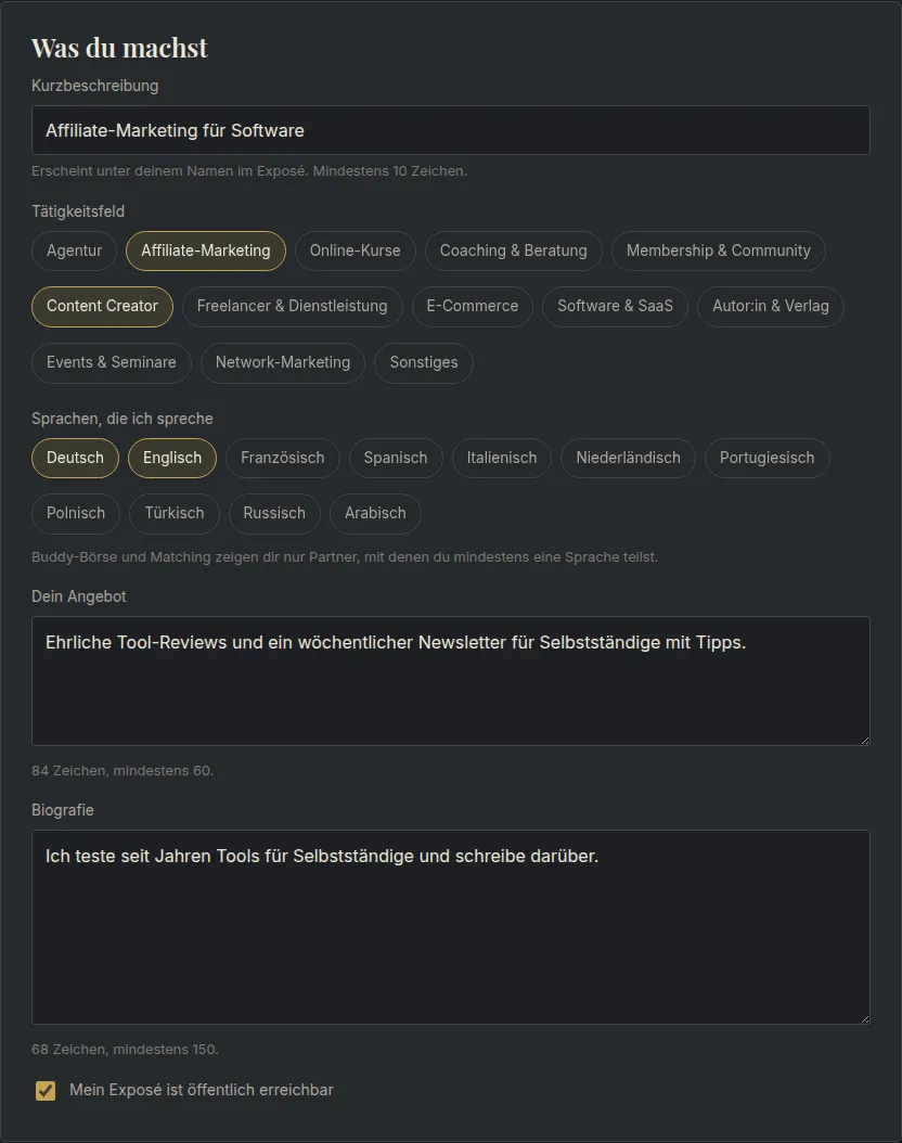 Profil ausfüllen