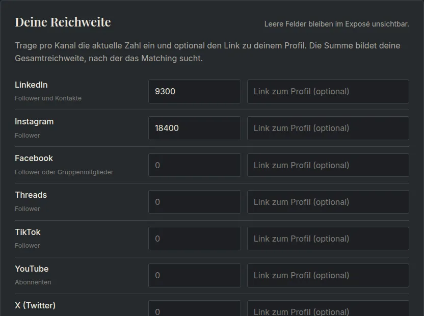 Reichweite eintragen